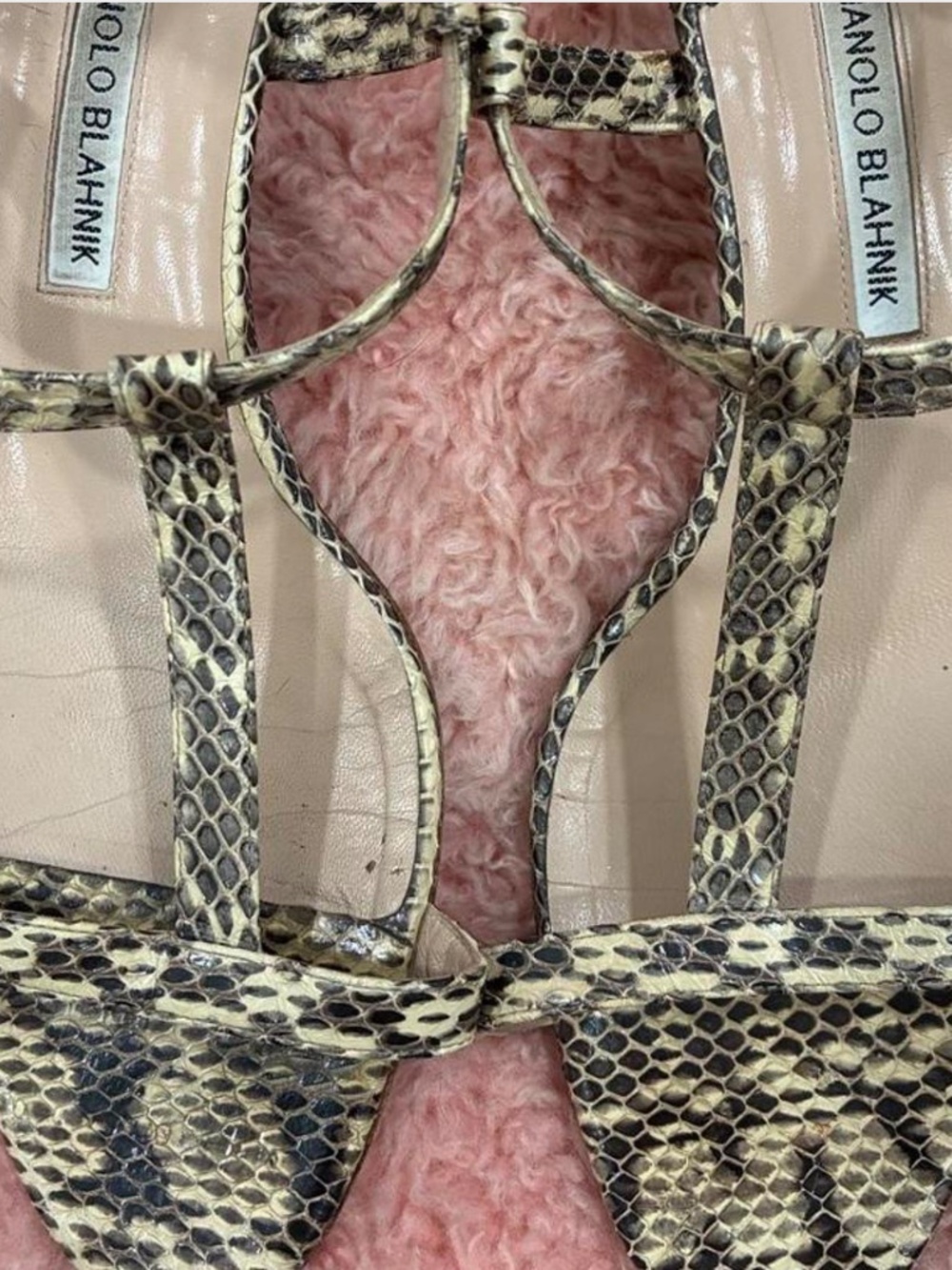 Vintage Manolo Blahnik Snakeskin T-Strap Heeled Sandals Sz 42